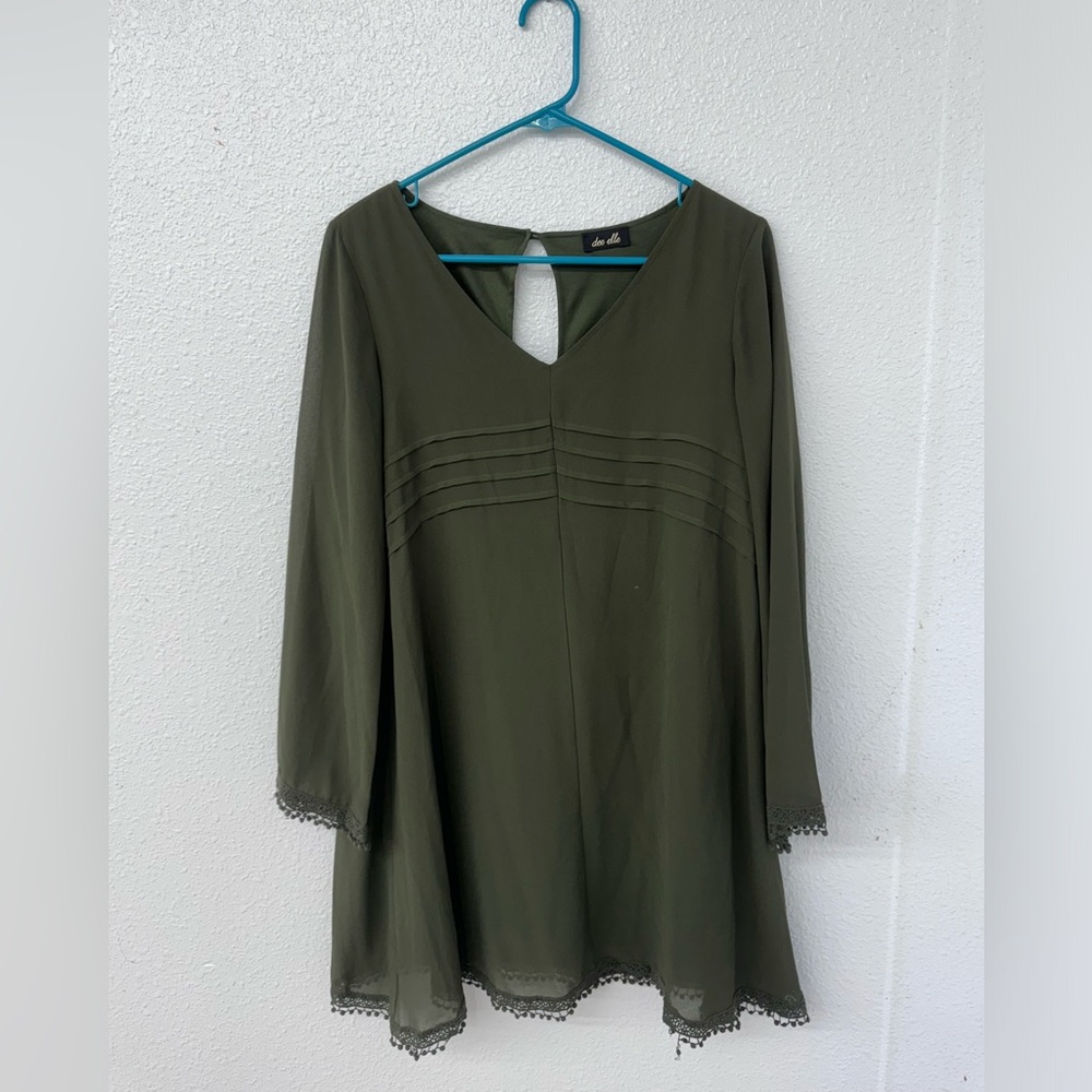 Dee Elle Green Pleated Sundress V-neck 3/4 Sleeve